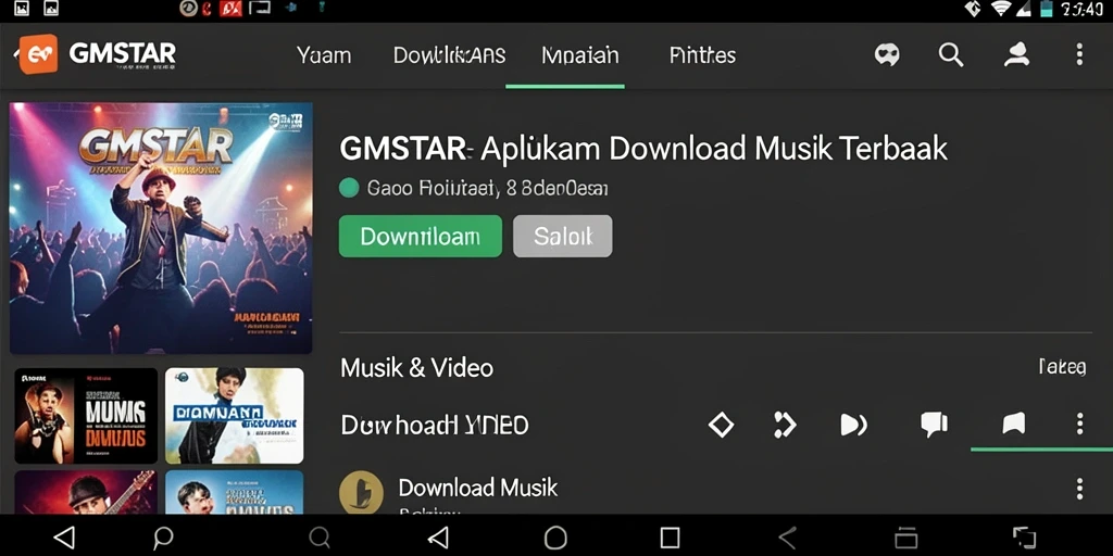 Tampilan antarmuka utama aplikasi GMSTAR untuk Download Musik.